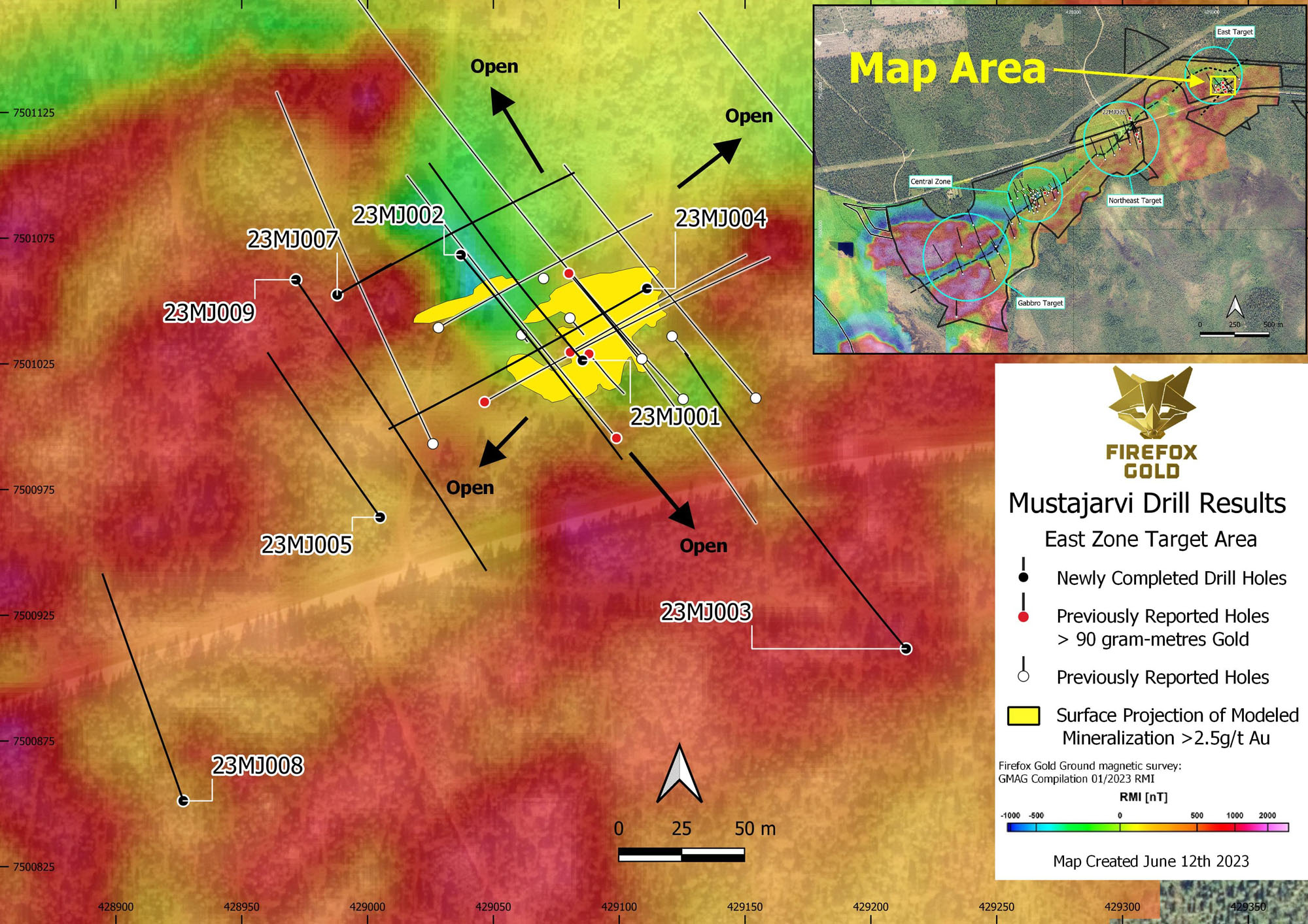 Figure 1 Spring 2023 drilling campaign at Mustajärvi East Target infill and step out holes. min