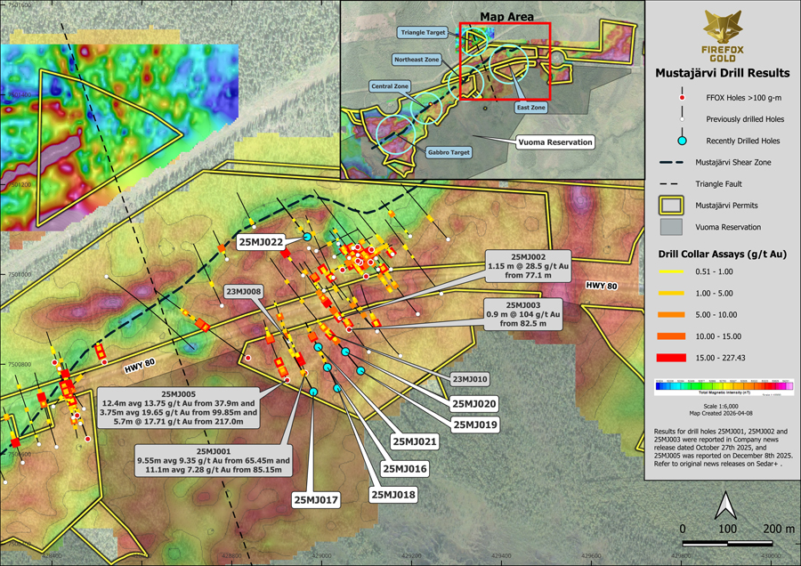 Figure 1. Drill Holes 25MJ016 – 25MJ022 at the Mustajärvi Project, East Zone